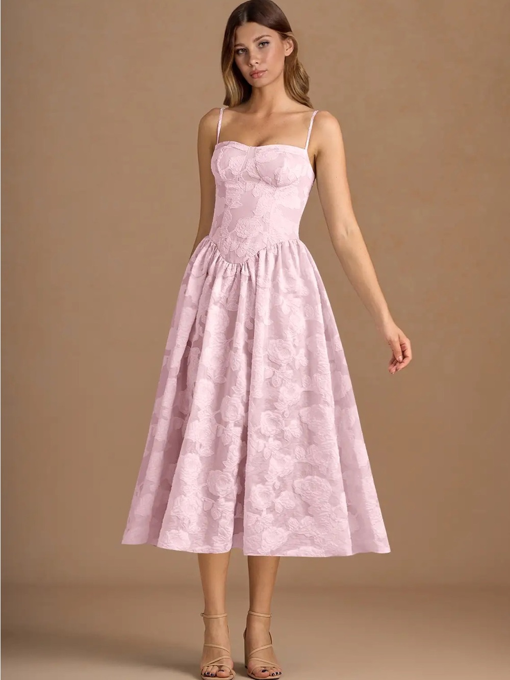 NWT Elegant Pink Lace Jacquard Midi Dress with Spaghetti Straps